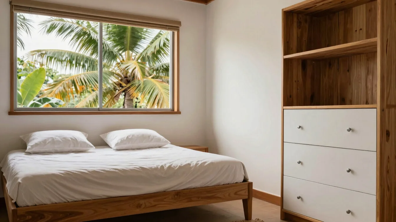 Quarto brasileiro com cama de casal e roupeiro de madeira clara,
