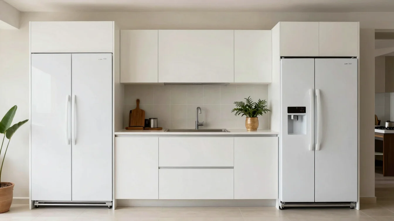 Cozinha brasileira residencial com armários brancos e geladeira,