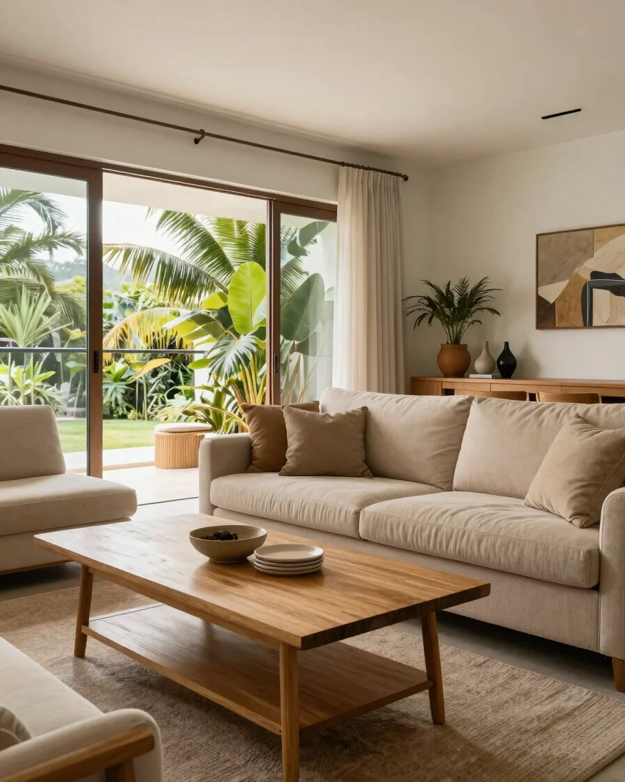 Interior residencial brasileiro acolhedor, sala de estar com sofá