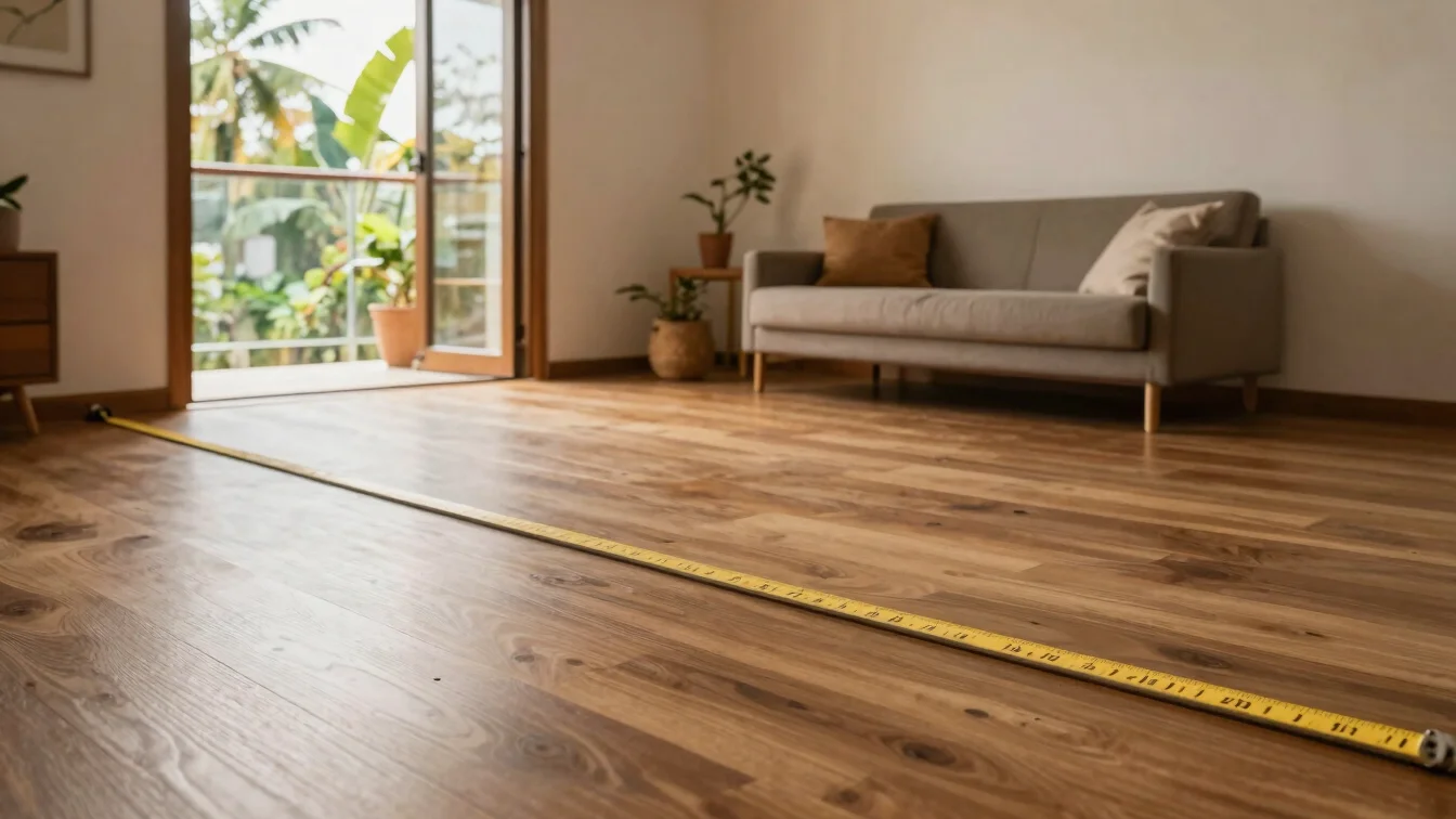 Detalhe de fita métrica sobre piso de madeira em sala residencial brasileira, luz natural suave, tons neutros, lente 35m