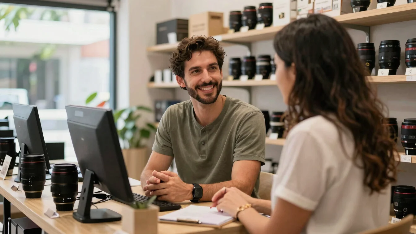 Cliente conversando com atendente sobre condições de compra em balcão de loja, luz natural suave, ambiente acolhedor, le