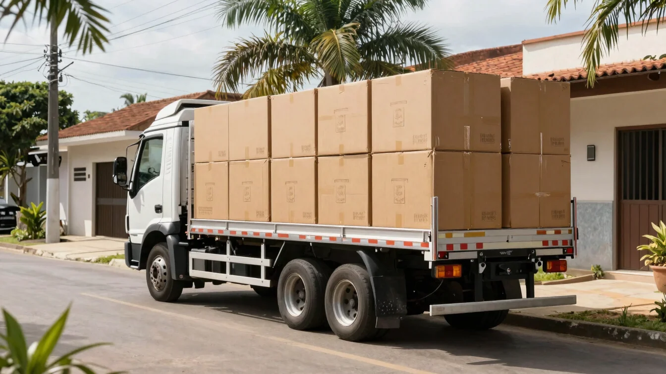 Caminhão de entrega estacionado em rua residencial brasileira, caixas de móveis sendo descarregadas, luz natural suave,