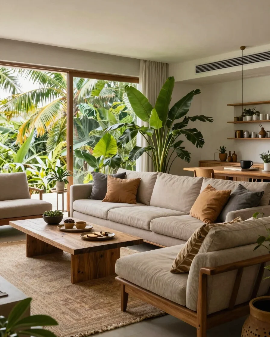 Sala de estar brasileira bem iluminada por luz natural tropical s